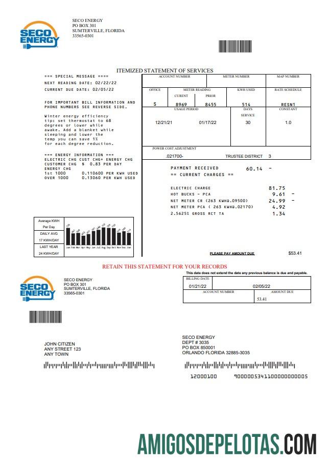Para baixar modelo de conta de serviços públicos de energia da Flórida Seco dos EUA em formato Word e PDF